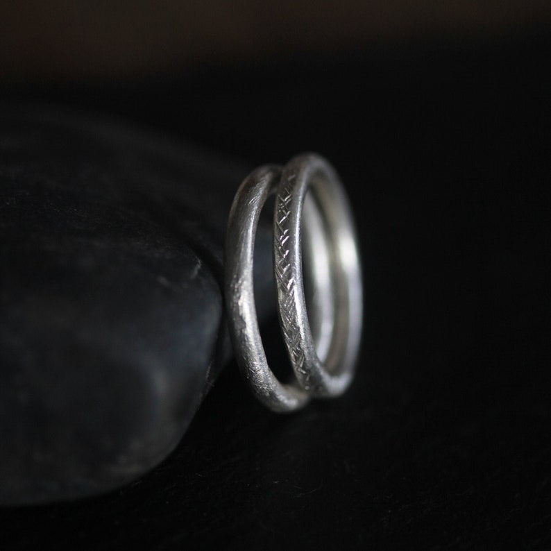 Pair of handmade silver rings with different textures R0053 image 7