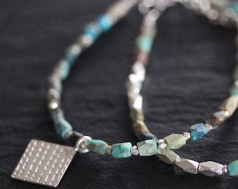 Turquoise and silver beads with handmade silver pendant (B0070)