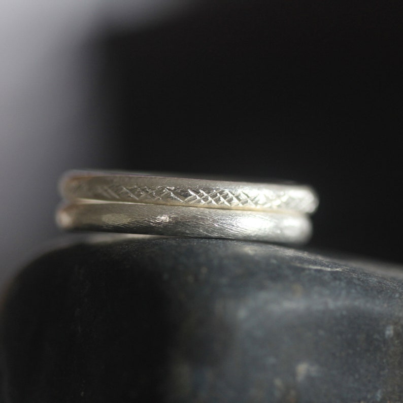 Pair of handmade silver rings with different textures R0053 image 6