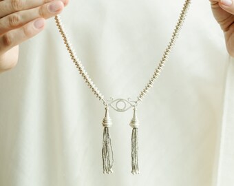 Silver beads handmade transformable necklace/bracelet with detachable tassels