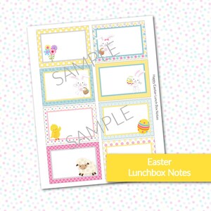 May include: Printable Easter lunchbox notes featuring cute illustrations of bunnies, chicks, lambs, and eggs. The notes are on a white background with a polka dot pattern in pink, blue, and yellow.