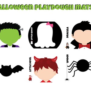 May include: A set of ten printable Halloween playdough mats featuring various characters, including a ghost, a bat, a spider, a devil, a vampire, and Frankenstein. The mats are black and white with outlines of the characters.