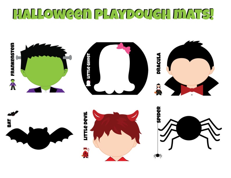 May include: A set of ten printable Halloween playdough mats featuring various characters, including a ghost, a bat, a spider, a devil, a vampire, and Frankenstein. The mats are black and white with outlines of the characters.
