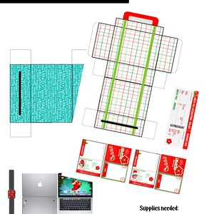 May include: A printable Elf Travel Set with a suitcase, passport, boarding pass, and watch. The suitcase is red, green, and white. The set includes a laptop and supplies like scissors, glue, and tape. The text "Printable Elf Travel Set!" is at the top.