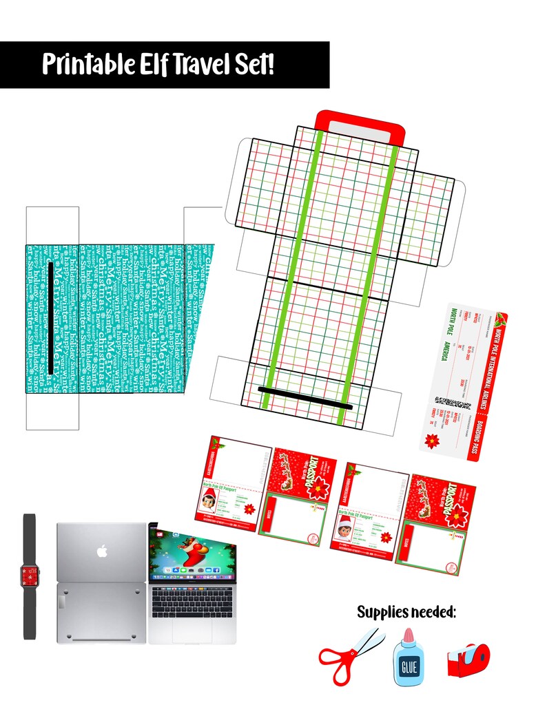 May include: A printable Elf Travel Set with a suitcase, passport, boarding pass, and watch. The suitcase is red, green, and white. The set includes a laptop and supplies like scissors, glue, and tape. The text "Printable Elf Travel Set!" is at the top.