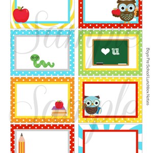 May include: Eight printable lunchbox notes for boys featuring a variety of school-themed illustrations, including an apple, a worm, an owl, a pencil, and a chalkboard. The notes have a white background with colorful polka dot borders.