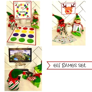 Può includere: Un "Elf Games Set" con bambole elfo, un gioco Twister, un gioco di bingo e uno schermo TV che mostra un videogioco. Il set include una combinazione di colori rosso, bianco e verde, con il testo "Elf Twister" e "Pin the nose on Rudolph!"