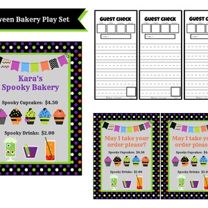 May include: A Halloween Bakery Play Set with signs, menus, and guest checks. The main sign reads "Kara's Spooky Bakery" and lists spooky cupcakes and drinks. The signs have a black, purple, and orange polka dot border.