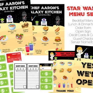 May include: A Star Wars themed menu set for a restaurant or party. The set includes a breakfast menu, lunch and dinner menu, order form, open sign, credit card and cash sign, guest checks, and a server name tag. The menus feature a yellow background with images of Star Wars characters and spaceships. The text on the menus is in black and white.