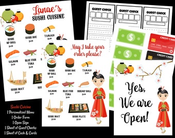 Lek Sushi Cuisine MENY Set - Digital Utskrivbar Barnrestaurang Café Diner Personlig DIREKT Nedladdning Dramatisk