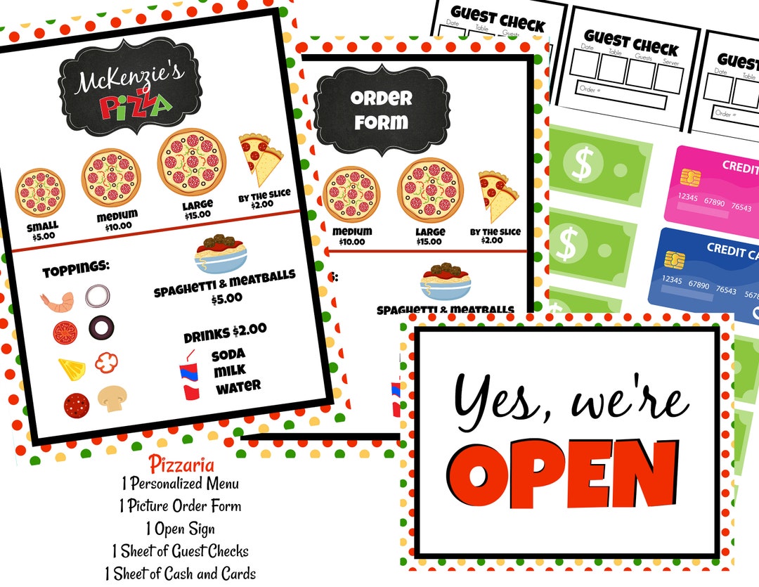 Printable Pizzeria MENU Set Personalized Printable Menu Kids Pretend ...