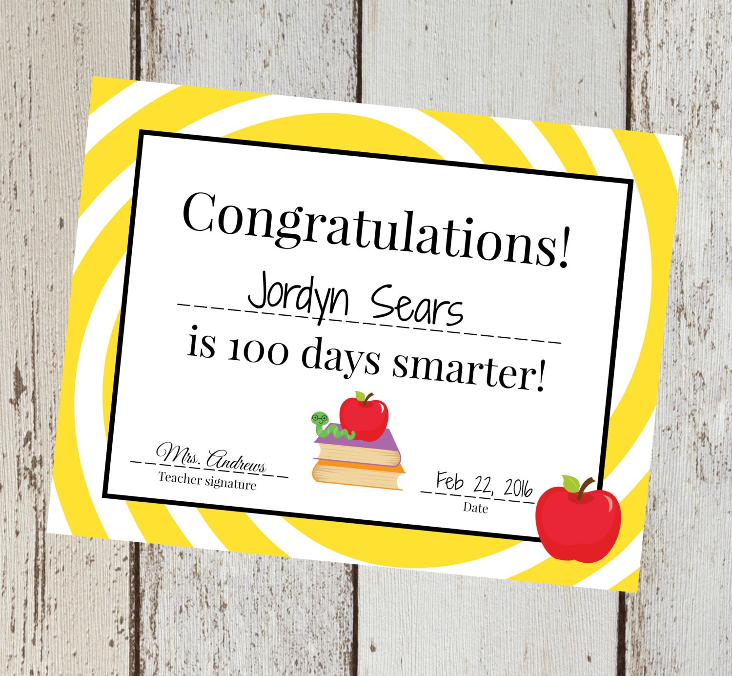 Yellow 100th Day of School Yellow Congrats Certificate - Etsy