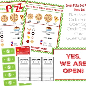PIZZERIA Menú Set PERSONALIZADO Dramatic Play Restaurant / Diner Printable Descargar Kids Restaurant Cafe Set Green Polka Dot