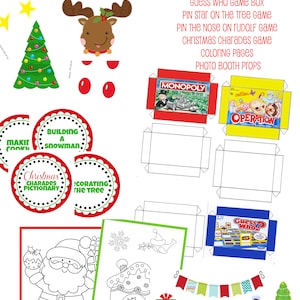 May include: A printable set of 12 elf-sized Christmas board games and activities. The set includes Monopoly, Operation, Guess Who, Pin the Star on the Tree, Pin the Nose on Rudolph, Christmas Charades, coloring pages, and photo booth props.
