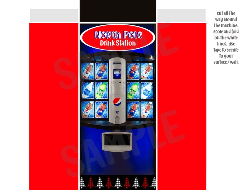 May include: A red and white cardboard cutout of a soda vending machine with the words "North Pole Drink Station" on the front. The machine has a blue background and a variety of soda bottles inside. The text "cut all the way around the machine. score and fold on the white lines. use tape to secure to your surface/wall." is printed on the right side of the image.