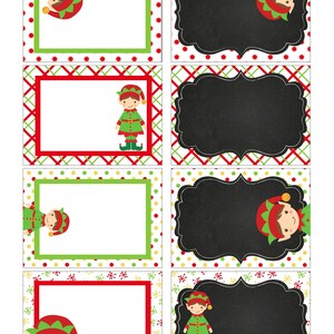 Puede incluir: Ocho etiquetas de regalo imprimibles con un duende de dibujos animados con un gorro rojo y un atuendo verde. Las etiquetas tienen diferentes fondos, incluidos lunares rojos y verdes, patrones de cruz roja y verde y copos de nieve rojos y verdes.
