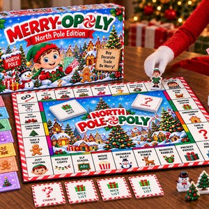May include: A Merry-Opoly North Pole Edition board game set featuring a colorful game board with holiday-themed spaces, a box with an elf illustration, multi-colored play money, dice, game pieces, and cards labeled Nice List and Chance.
