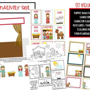 May include: A printable elf nativity set with a puppet show stage, character flash cards, note cards, coloring pages, and playdough mats. The set includes characters like Mary, Joseph, baby Jesus, sheep, and a camel.