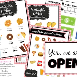 May include: A printable set of restaurant menu templates for a breakfast and lunch diner called Presleigh's Kitchen. The set includes a breakfast menu, a lunch and dinner menu, an order form, an open sign, guest checks, and cash and credit cards. The menus feature images of food items and prices.