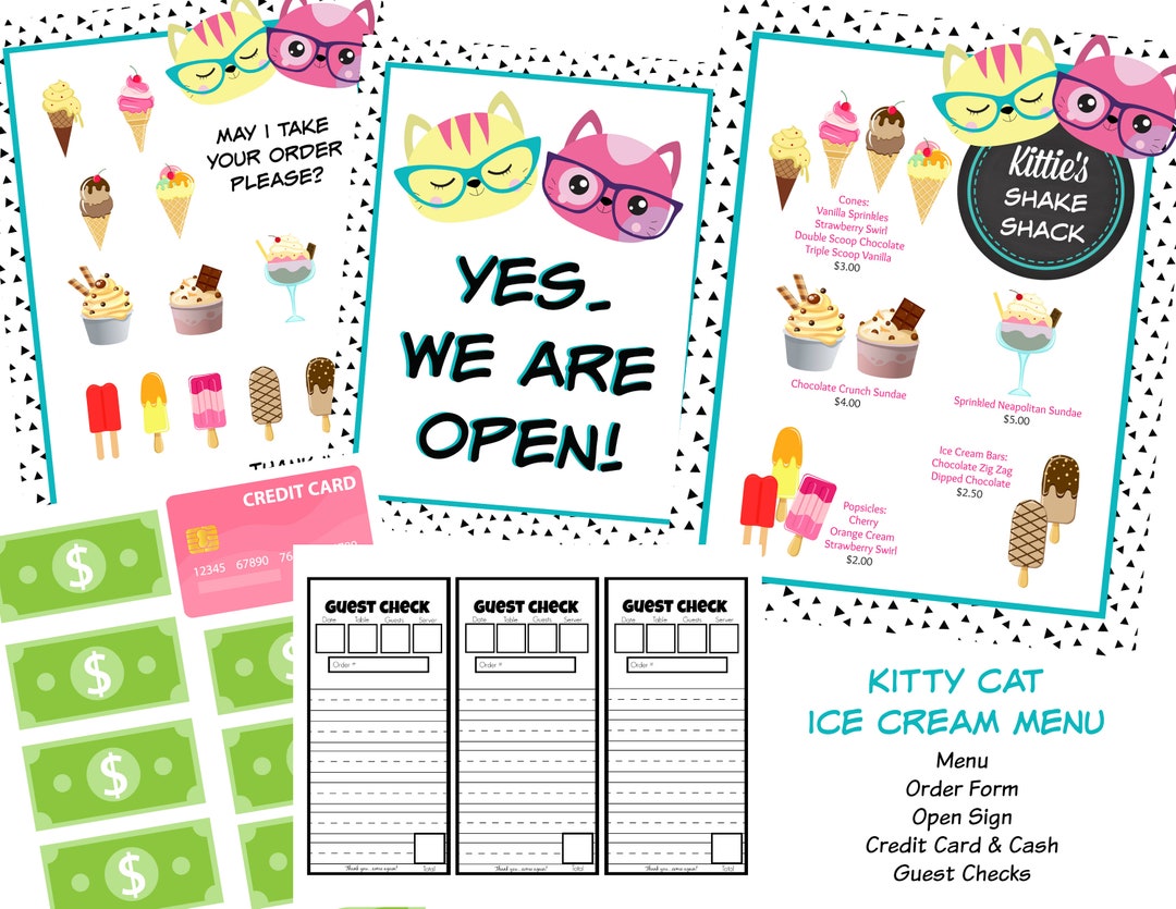 Kitty Cat Ice Cream Menu PERSONALIZED Dramatic Play Restaurant / Diner