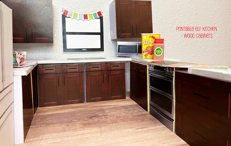 Elf Kitchen Printable Set | Brown Wood Cabinets | Christmas Elf Props ...