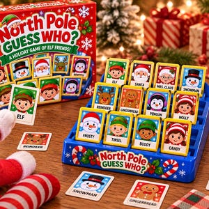 May include: A North Pole Guess Who board game featuring a blue plastic grid with character cards including Santa, Mrs. Claus, a snowman, and reindeer. The game box is red with white snowflakes and the text North Pole Guess Who A Holiday Game.