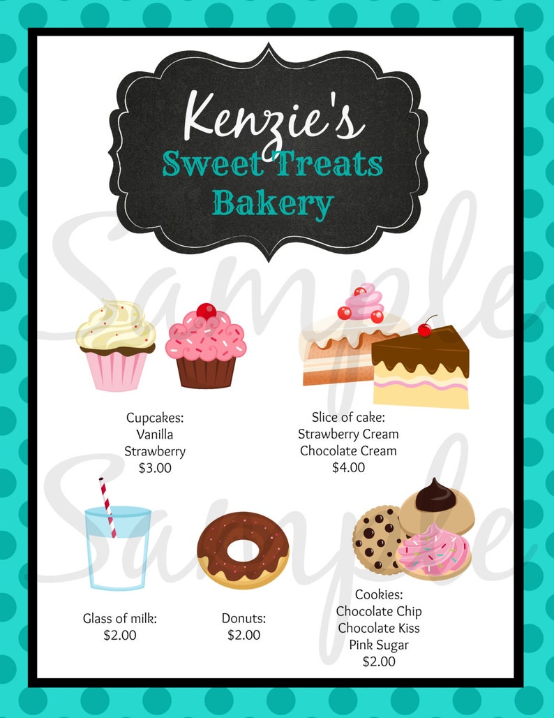 Printable MENU Set Printable BAKERY Shop Printable Kids Restaurant Menu ...
