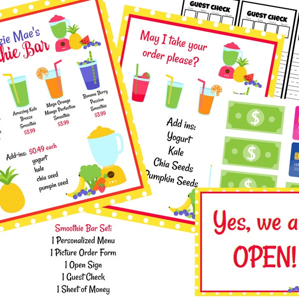 Smoothie Shop MENU Set - PERSONALIZED Dramatic Play Menu Restaurant / Smoothie Shop Printable Download Kids Restaurant Cafe Diner Instant