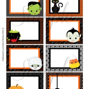 May include: Set of eight printable Halloween lunchbox notes featuring black and orange polka dot, black and white damask, and black and white polka dot patterns. Each note features a different Halloween character, including a monster, a vampire, a mummy, a ghost, a black cat, a cauldron, a candy corn, and a spider.