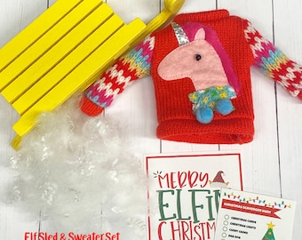 Elf Unicorn Sweater & Sled Prop Set | Christmas Elf Accessories | Elf Mischief Outfit | Elf Props  Holiday Fun