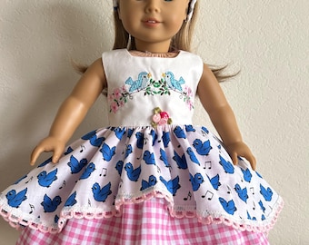 Handmade Easter Dress for American Girl Doll: Pink Gingham, Bird Embroidery
