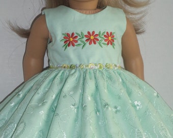 Mint Green Doll Dress: Embroidered Flowers, Fits American Girl Doll