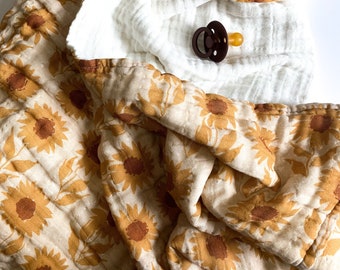 Sunflowers Vintage Vibe muslin quilt baby blanket - mustard yellow gold rust tan - earth tones - sun floral nursery - girl baby shower gift