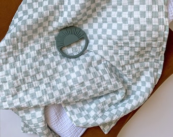 Sage Checkerboard muslin baby blanket - lightweight swaddle quilt nursery - green blue checks check skater - gender neutral baby shower gift