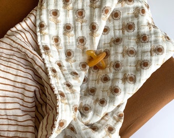 Caramel and Cream Sunflowers muslin baby blanket - organic quilt - floral stripes brown copper gold neutral earth tones - baby shower gift