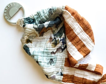Muslin lovey Wilder Reid mountains - security blanket paci keeper - call of the wild - stripes rust brown gray slate - boy baby shower gift