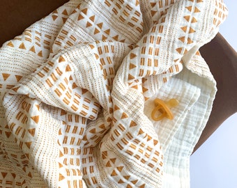 Mustard Boho Stripe muslin baby blanket - organic cotton quilt - yellow gold caramel earth tones - gender neutral nursery - baby shower gift