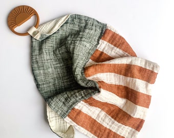 Sage and Copper lovey - security blanket lovie - striped stripes copper brown rust - sage green olive - boy girl shower gift