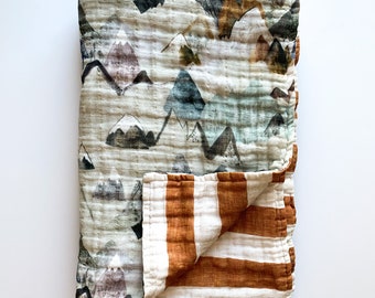 Wilder Reid muslin baby blanket - organic quilt swaddle - mountains call of the wild - stripe - rust brown gray slate - boy baby shower gift