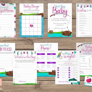 Girl Fishing Baby Shower Game Package Fishing Baby Game Baby Girl Baby Shower Games Baby Bingo Price Guessing Baby Shower Games FGBS01