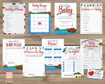Junge Angeln Babypartyspielpaket, Camping Babypartyspiel, Baby Boy-Babypartyspiele, Babybingo, Preisraten, Babypartyspiele,