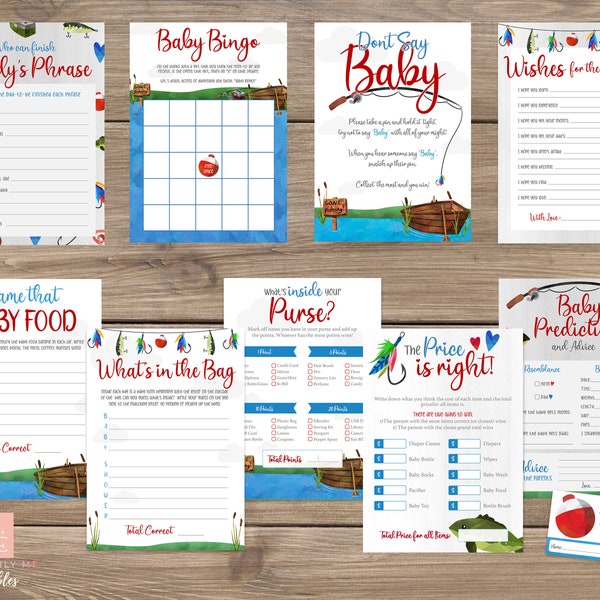 Ensemble de jeux pour baby shower, garçon, pêche, jeu de baby shower de camping, jeux de baby shower pour bébé garçon, bingo pour bébé, deviner des prix, jeux de baby shower