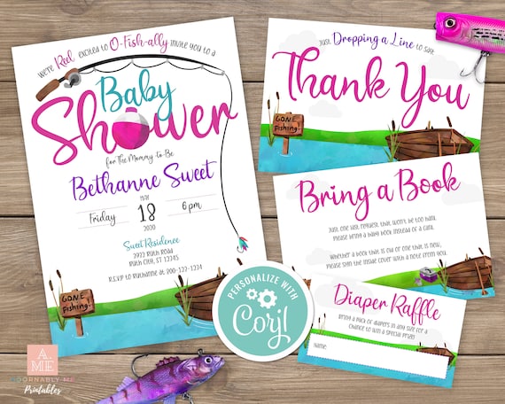 Girl Fishing Baby Shower Invite Book Card Thank You Card and Diaper Raffle  Card Baby Girl Fishing Invitation Gone Fishing Baby Shower FGBS01 