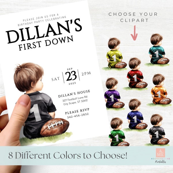 First Year Football Birthday Invitation First Year Down Editable Template Invite Team Colors Minimal Watercolor Brunette Boy 1 Year FDB003