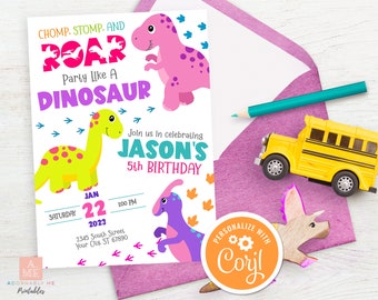 Dinosaur Birthday Invitation Girl Dino 5 Invite Wild One Birthday Happy Birthday Young Wild and Three Invite Dinosaur Stomp Chomp and Roar