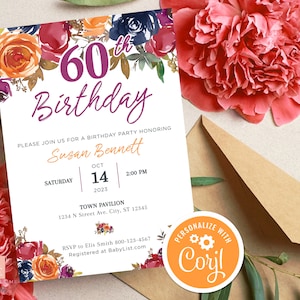 60th Birthday Invite Orange Floral Invite Fall Floral Birthday Invitation for Women 60th Surprise Birthday Fall Flowers Invite Sixty Bday
