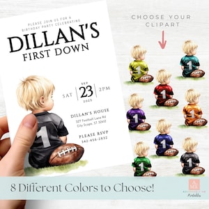 1st Birthday Invites Football Boy First Year Down Editable Template Invite Team Colors Minimal Watercolor Blonde Boy 1 Year Evite FDB002