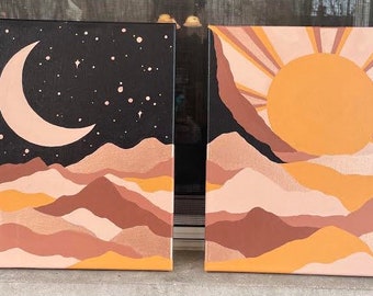 Sun and Moon Original Celestial Acrylic Painting On Canvas. Set of 2 11x14 paintings FREE SHIPPING