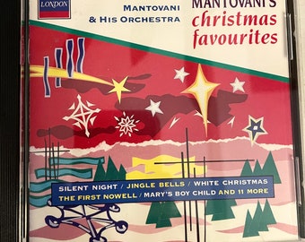 May include: A red CD case with a white border. The front of the case features a red background with white stars and a yellow star. The text "MANTOVANI'S christmas favourites" is printed in white on a green background. The text "SILENT NIGHT / JINGLE BELLS / WHITE CHRISTMAS THE FIRST NOWELL / MARY'S BOY CHILD AND 11 MORE" is printed in white on a black background.