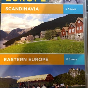 May include: A DVD case for "Rick Steves' Europe" travel series. The case features images of Scandinavia and Eastern Europe, with text indicating the number of shows included. A portrait of Rick Steves is in the upper right corner.